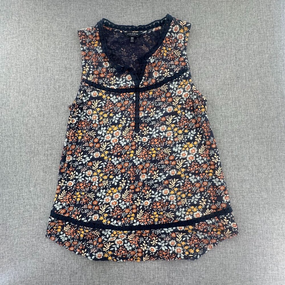 Lucky Brand Floral Tank Top Sleeveless Medium Lace trim Cottage Prairie Cotton